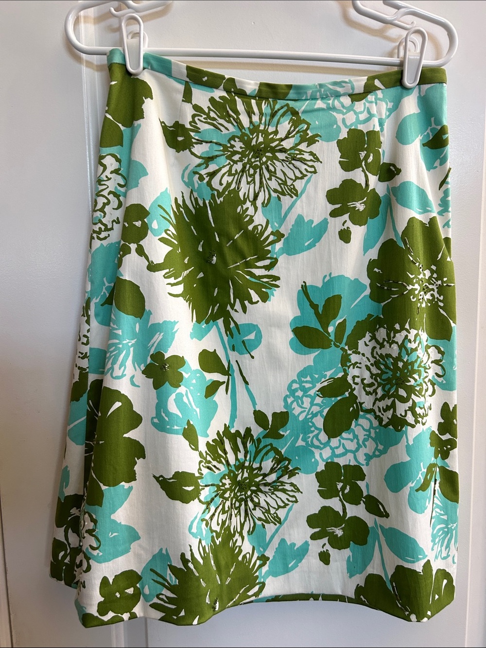 Valerie Stevens Floral A-Line Beaded Skirt in White, Aqua & Olive